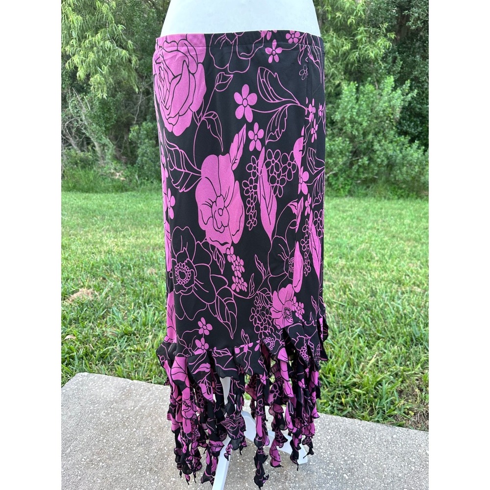 Vintage 90s Floral Fringe Gypsy Whimsigoth Witch Boho Maxi Skirt Pink Black